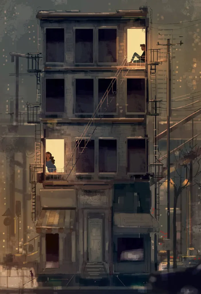 An evocative Pascal Campion illustration that perfectly demonstrates his visual storytelling art style. The piece captures a quiet connection between two people in separate apartments, using warm light to create an emotional narrative within an everyday urban scene.