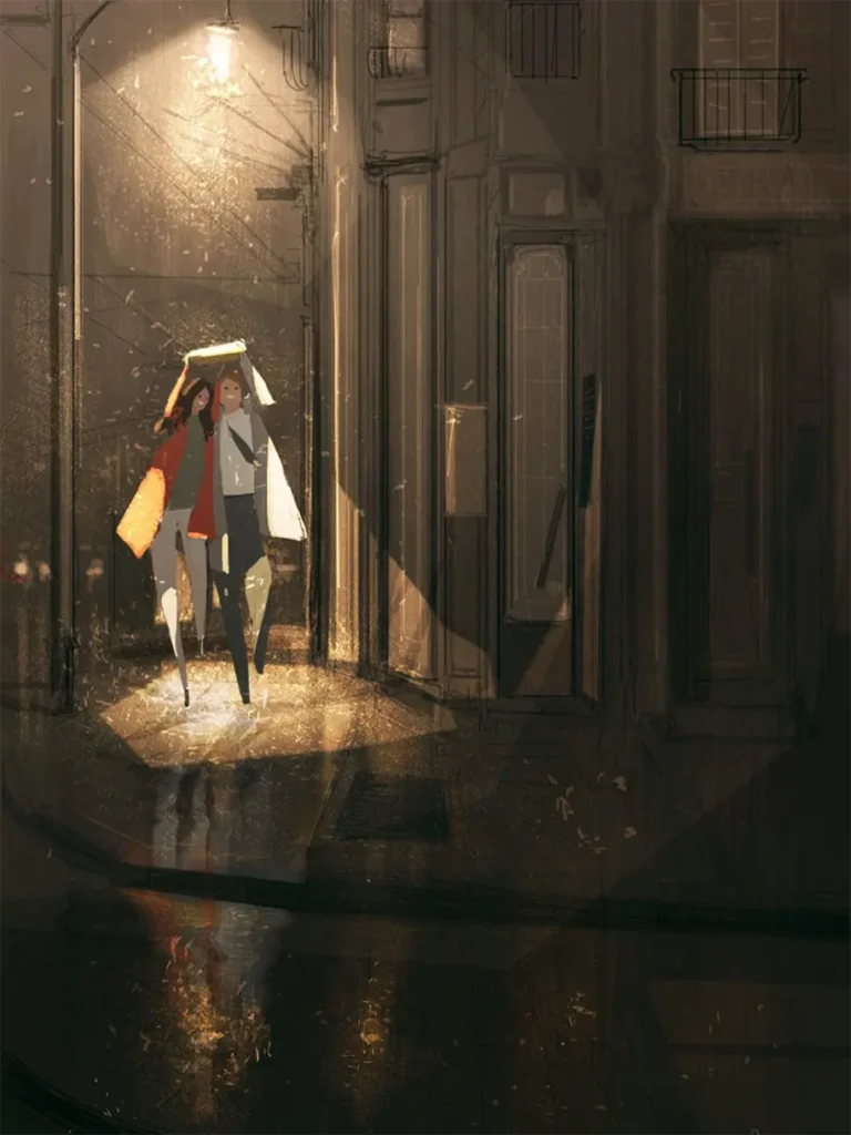 A quintessential Pascal Campion artwork demonstrating his visual storytelling technique. A couple finds shelter from the rain in the warm glow of a streetlamp, a perfect example of using light and shadow to create an intimate, emotional moment.