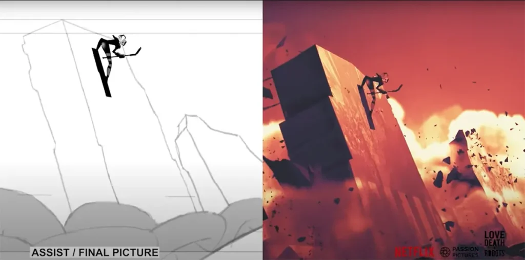 A side-by-side comparison from the '400 Boys' breakdown video, showing the 2D animation pass on the left and the final composited shot on the right, demonstrating the hybrid animation style.