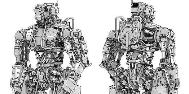 A detailed 3D robot model rendered with the Maya Arnold toon shader to create a 2D illustrative look, a key technique in the modern hybrid animation style.