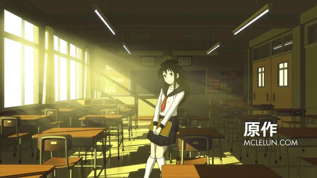 An anime-style schoolgirl stands in a sunlit classroom, an example of a 3D scene rendered in Blender to achieve a 2D look for a hybrid animation style.